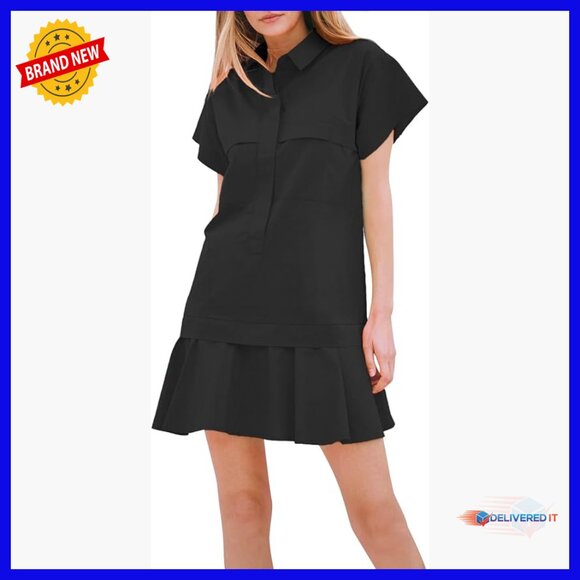 Dresses & Skirts - Cotton Drop Waist Ruffle Hem Shirt Dress Short Sleeve Button Down Tunic Pockets